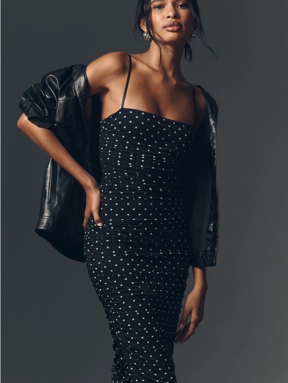 AFRM Black Polka Dot Ruched Dress